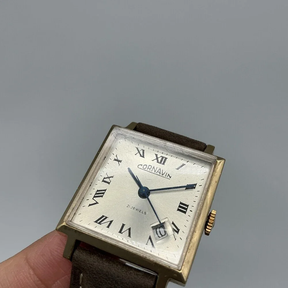 Vintage Cornavin Mens Watch 29mm Square Brown Leather Manual Wind Date